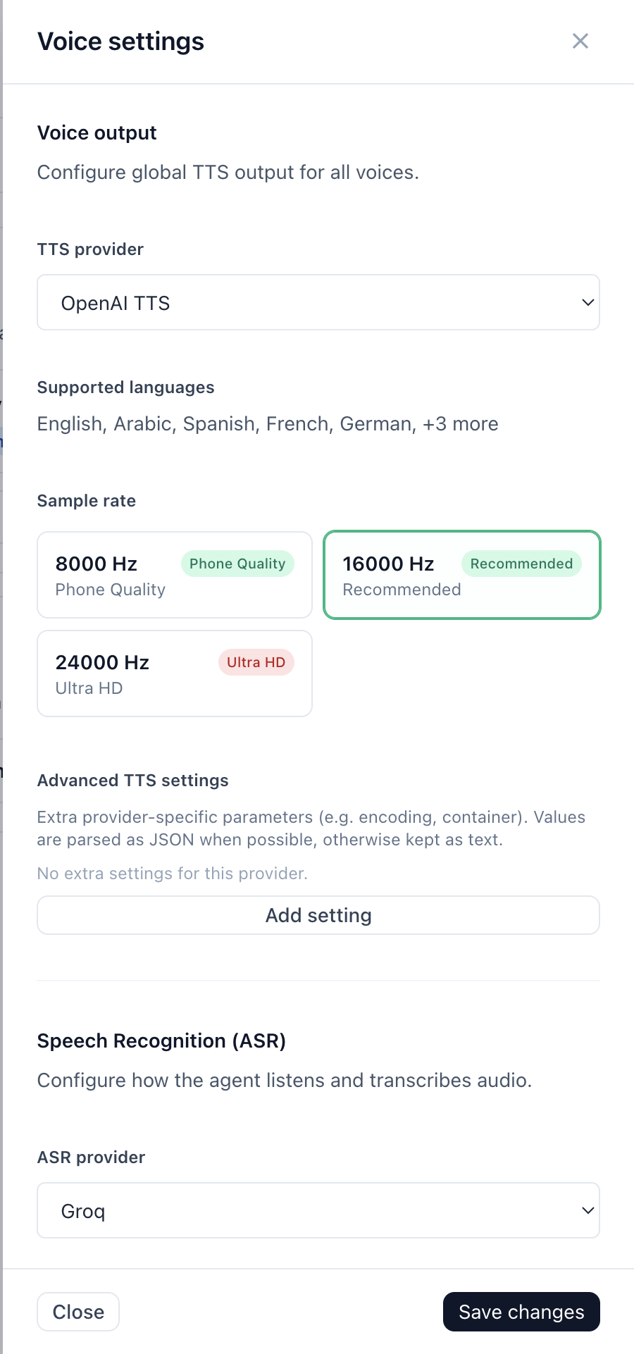 The Voice settings panel showing TTS provider, supported languages, sample rate options and the ASR provider