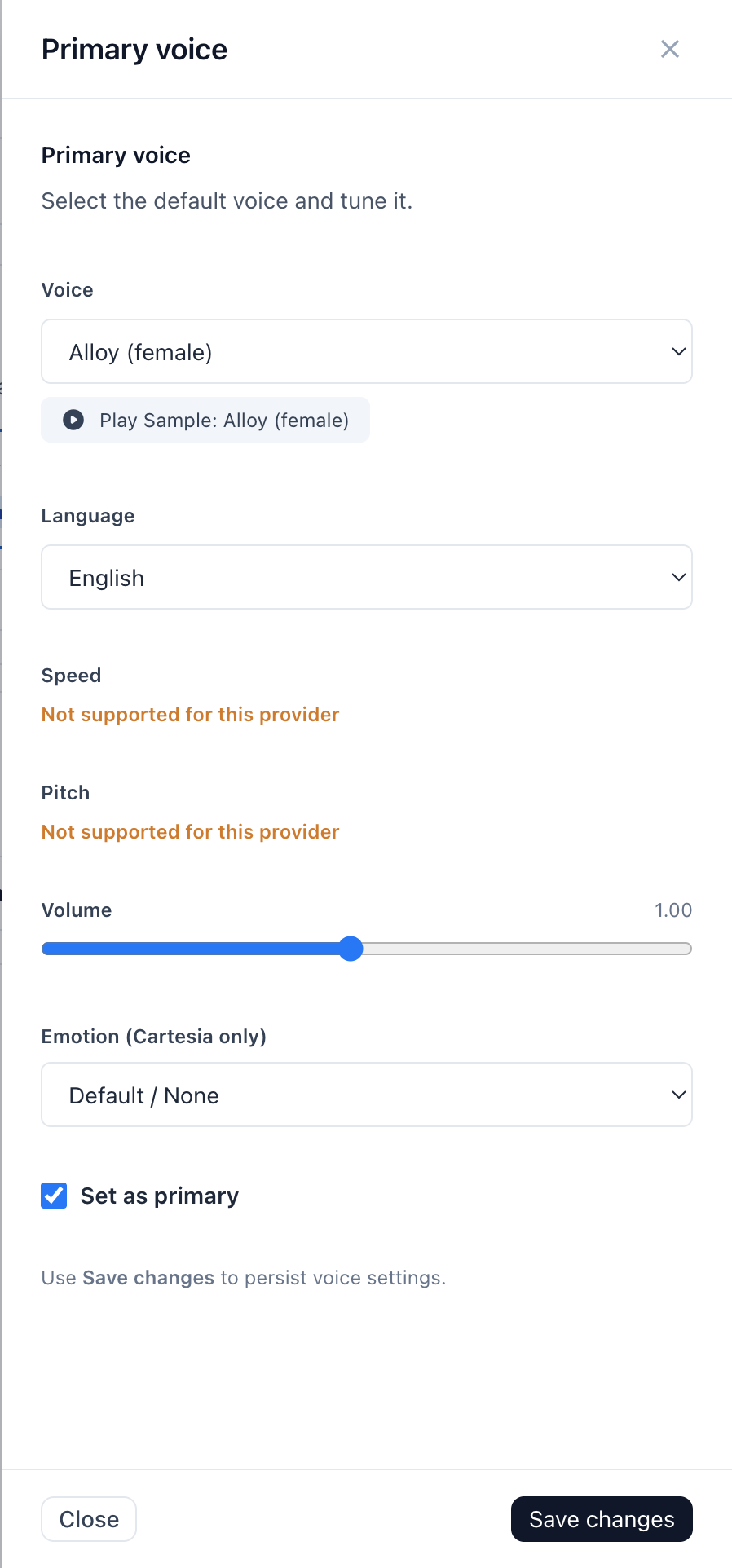 The Primary voice panel with voice, language, speed, pitch, volume and emotion controls