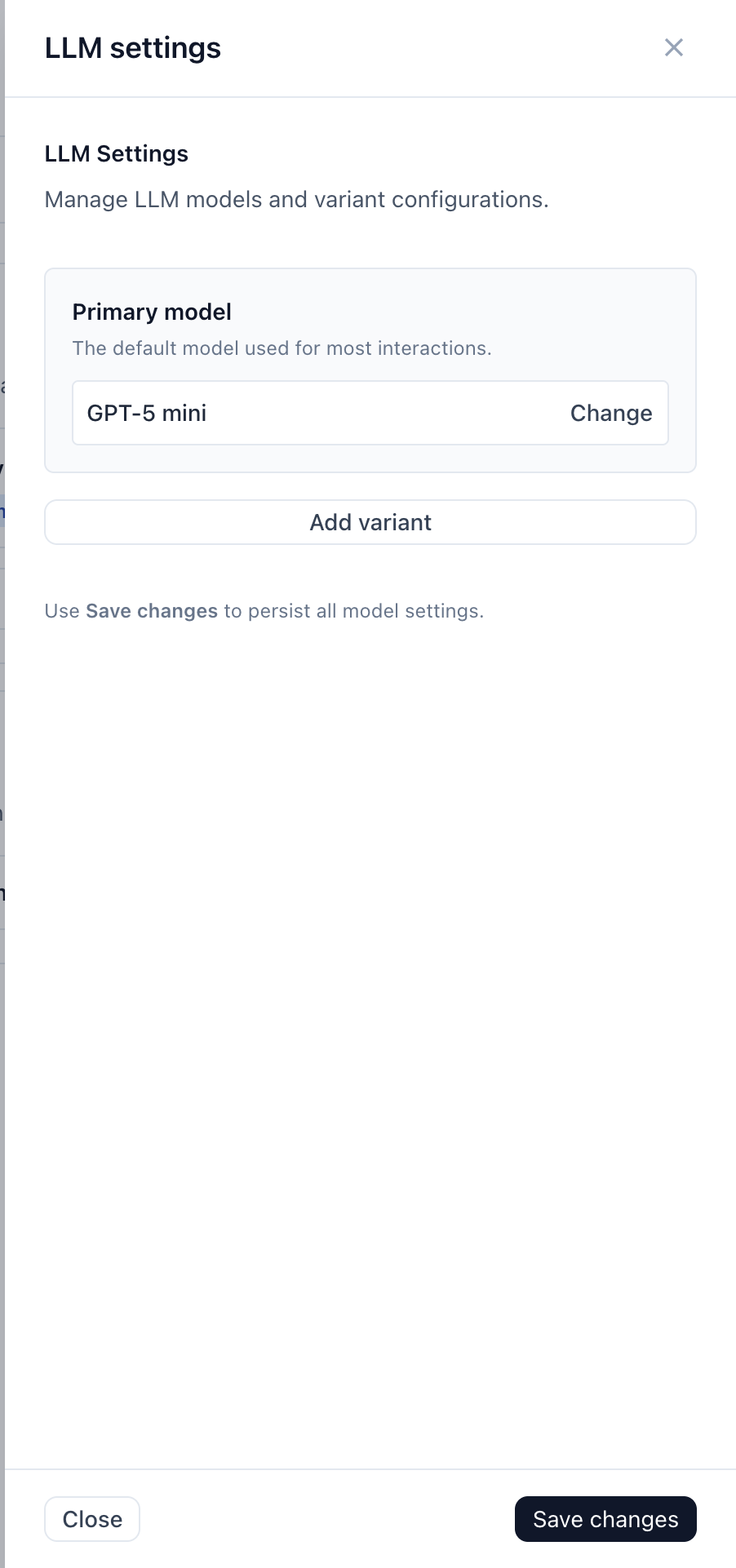 The LLM settings panel showing the primary model with a Change action and an Add variant button