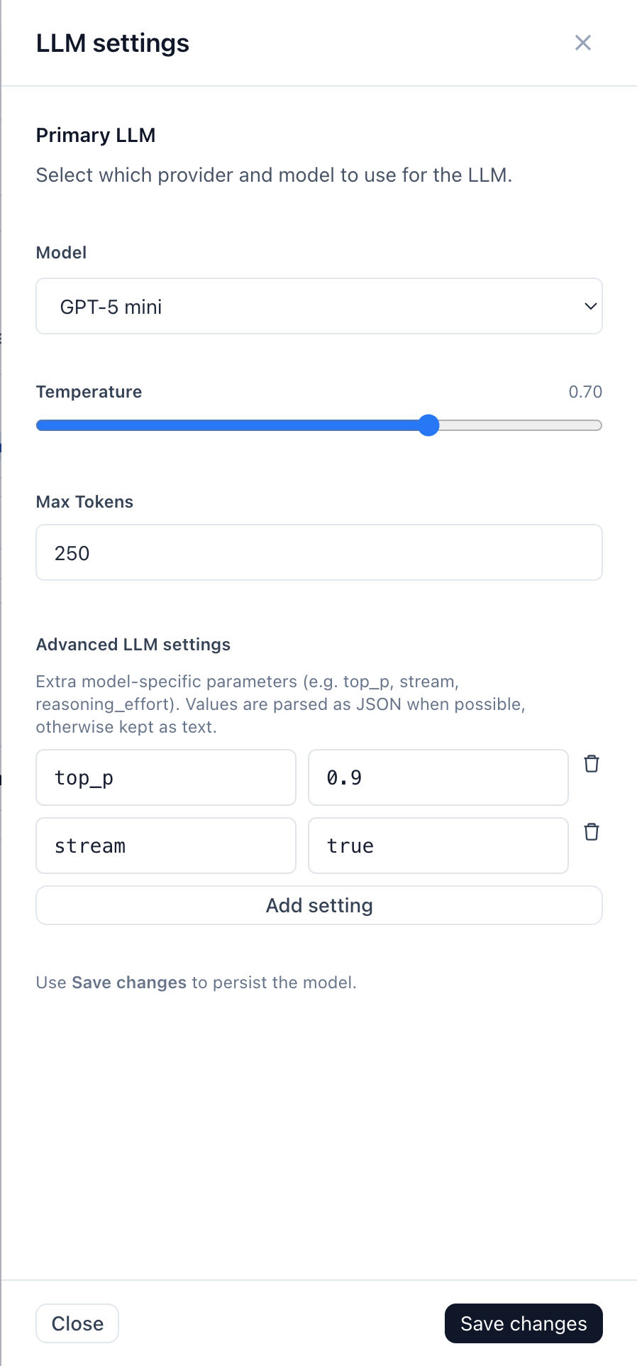The Primary LLM panel showing model, temperature, max tokens and advanced model-specific settings