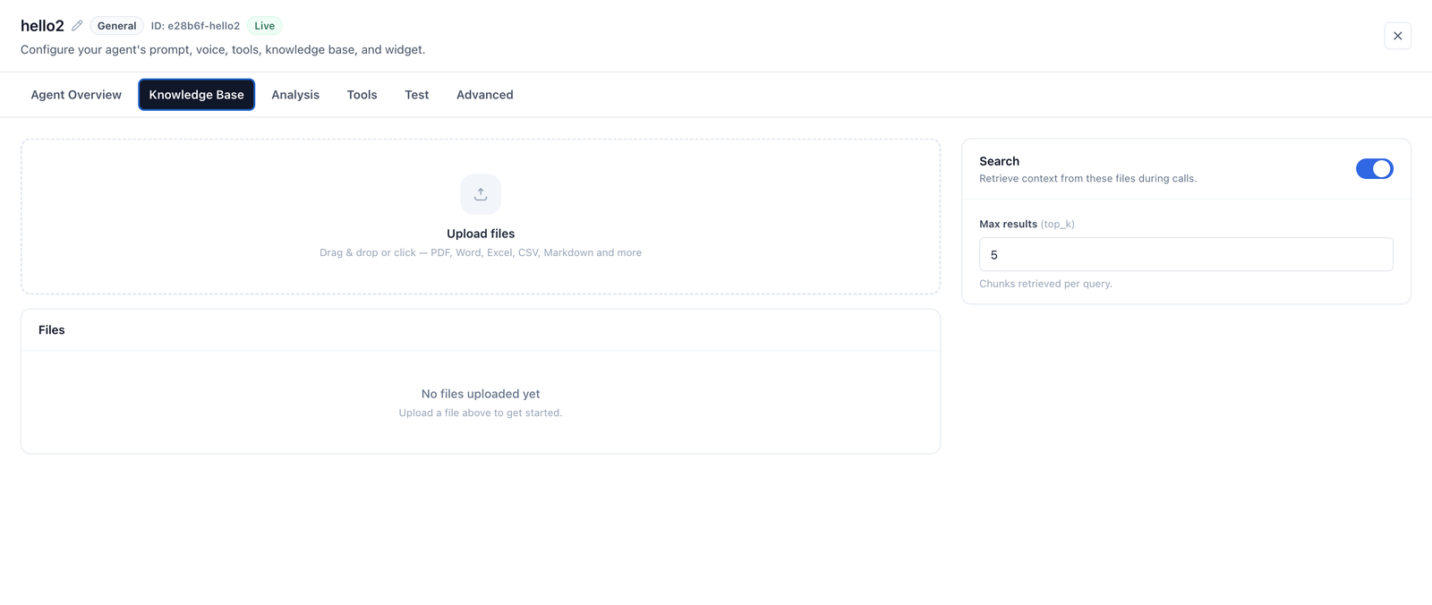The Knowledge Base tab of an agent, listing that agent's uploaded documents