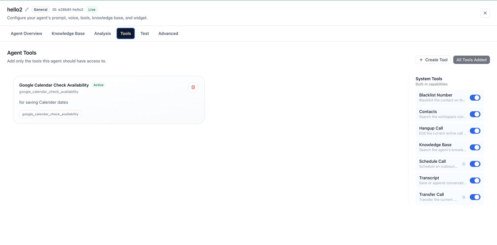 The Tools tab of an agent, showing which tools are assigned to it