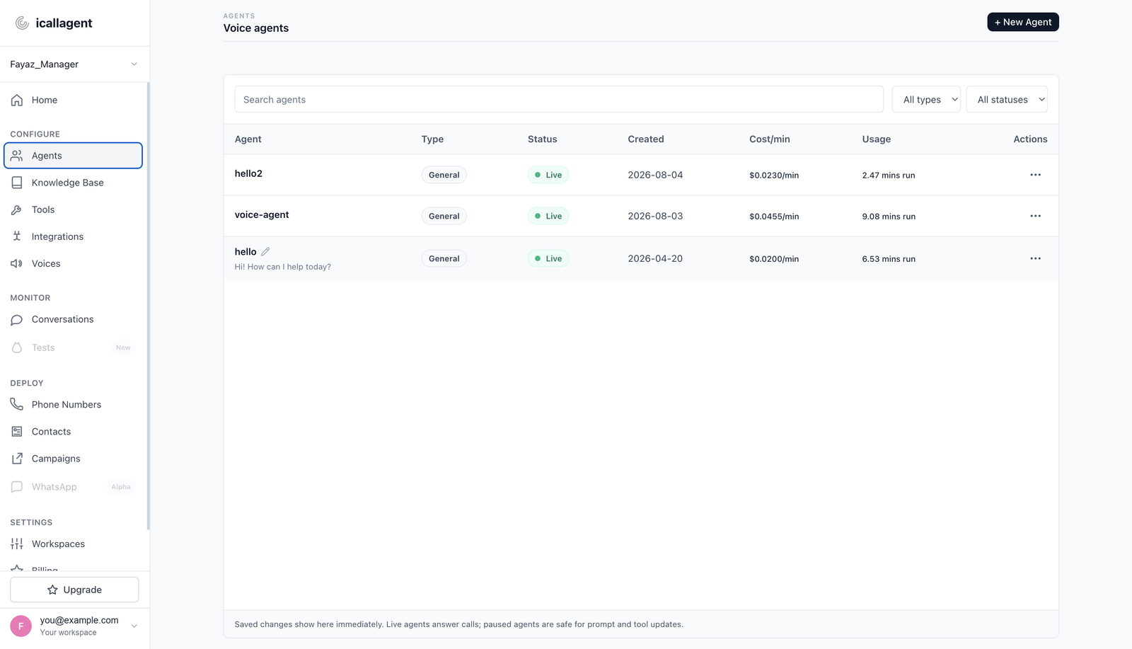 The Voice agents list showing each agent's type, status, creation date, cost per minute and usage, with a New Agent button top right