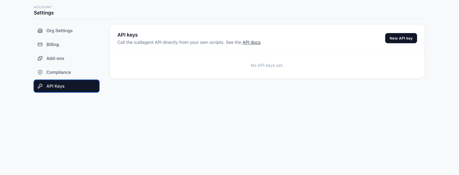The API Keys tab under Settings, showing the New API key button and an empty key list