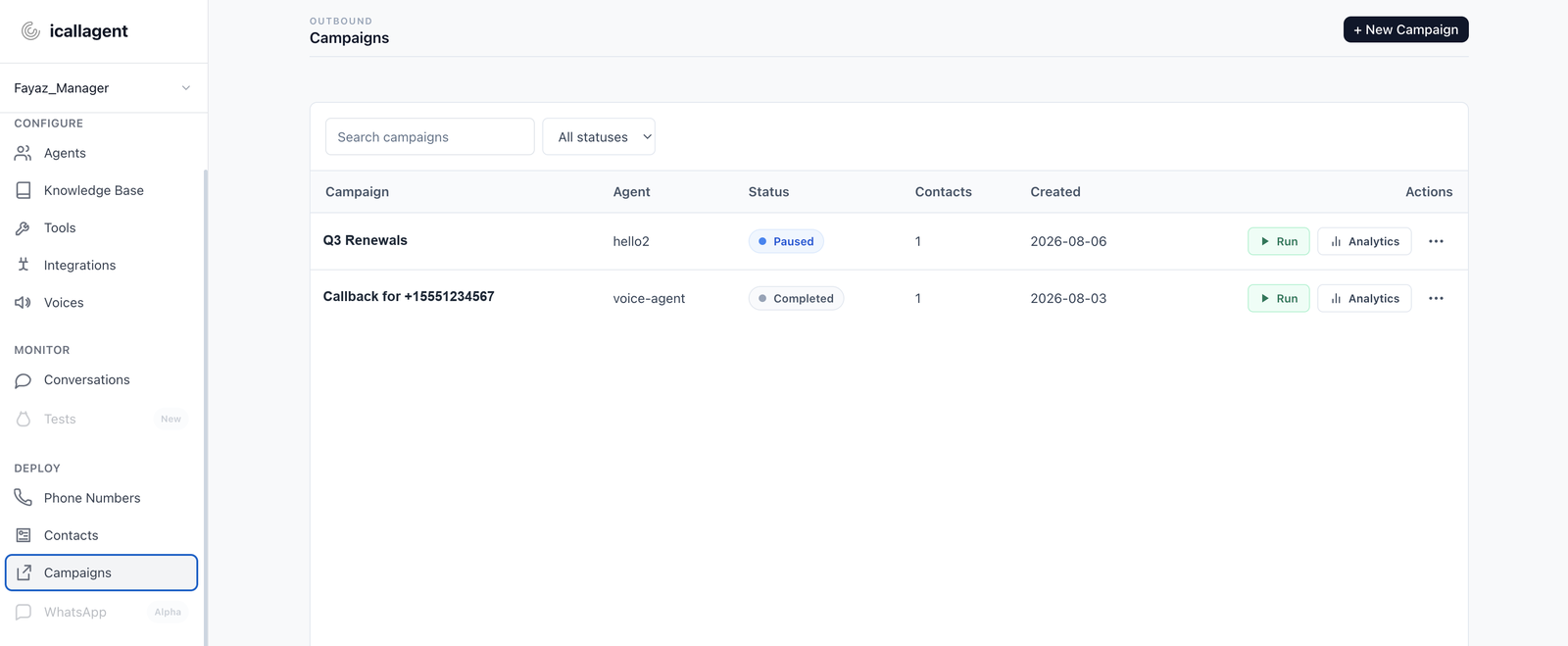 The Campaigns page listing campaigns with their status and contact counts