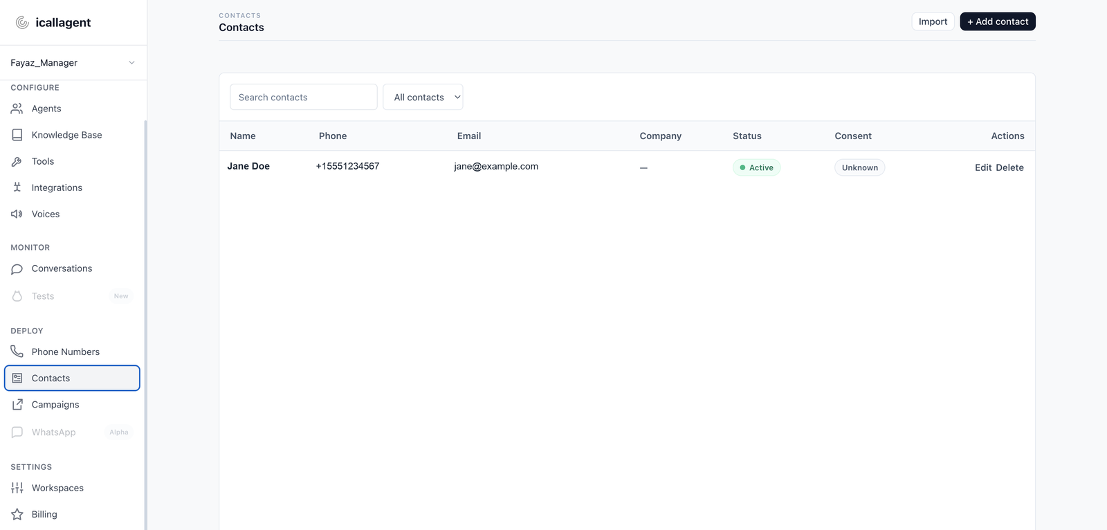 The Contacts page listing contacts with their consent status, and Add contact and Import controls