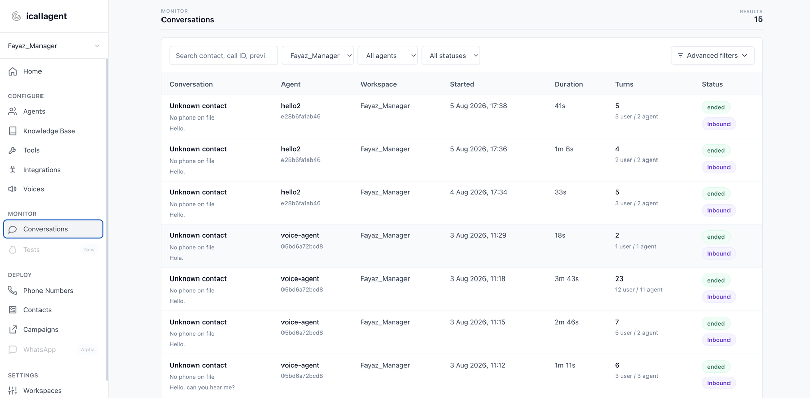 The Conversations list showing each call's agent, workspace, start time, duration, turn count and status
