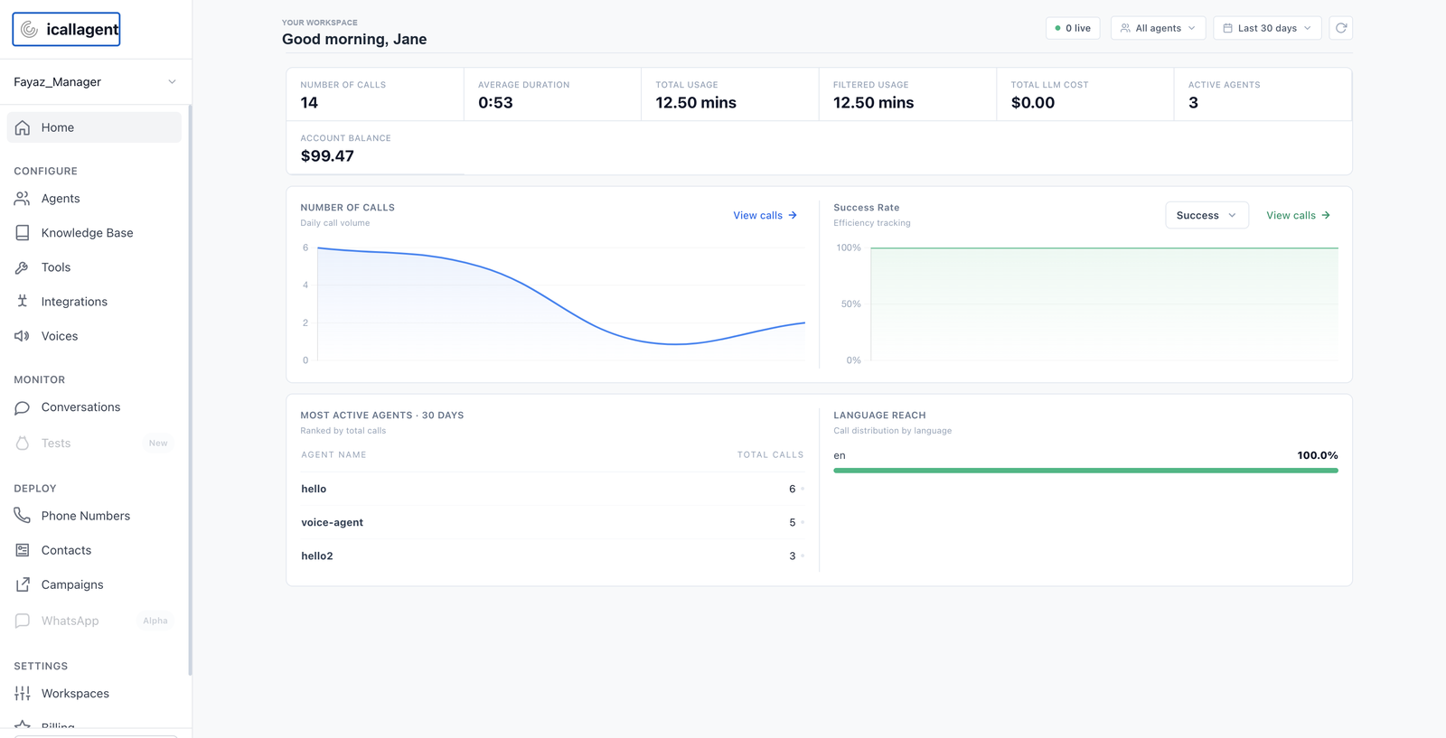 The dashboard Home page showing activity across all agents for a selected period