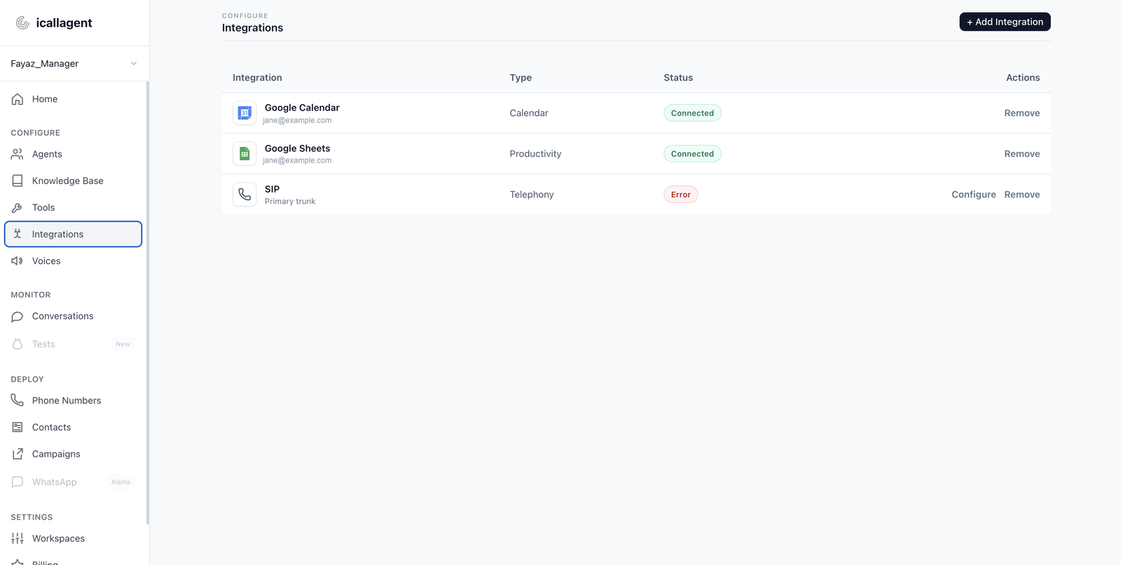 The Integrations page listing available integrations with their status and configure actions