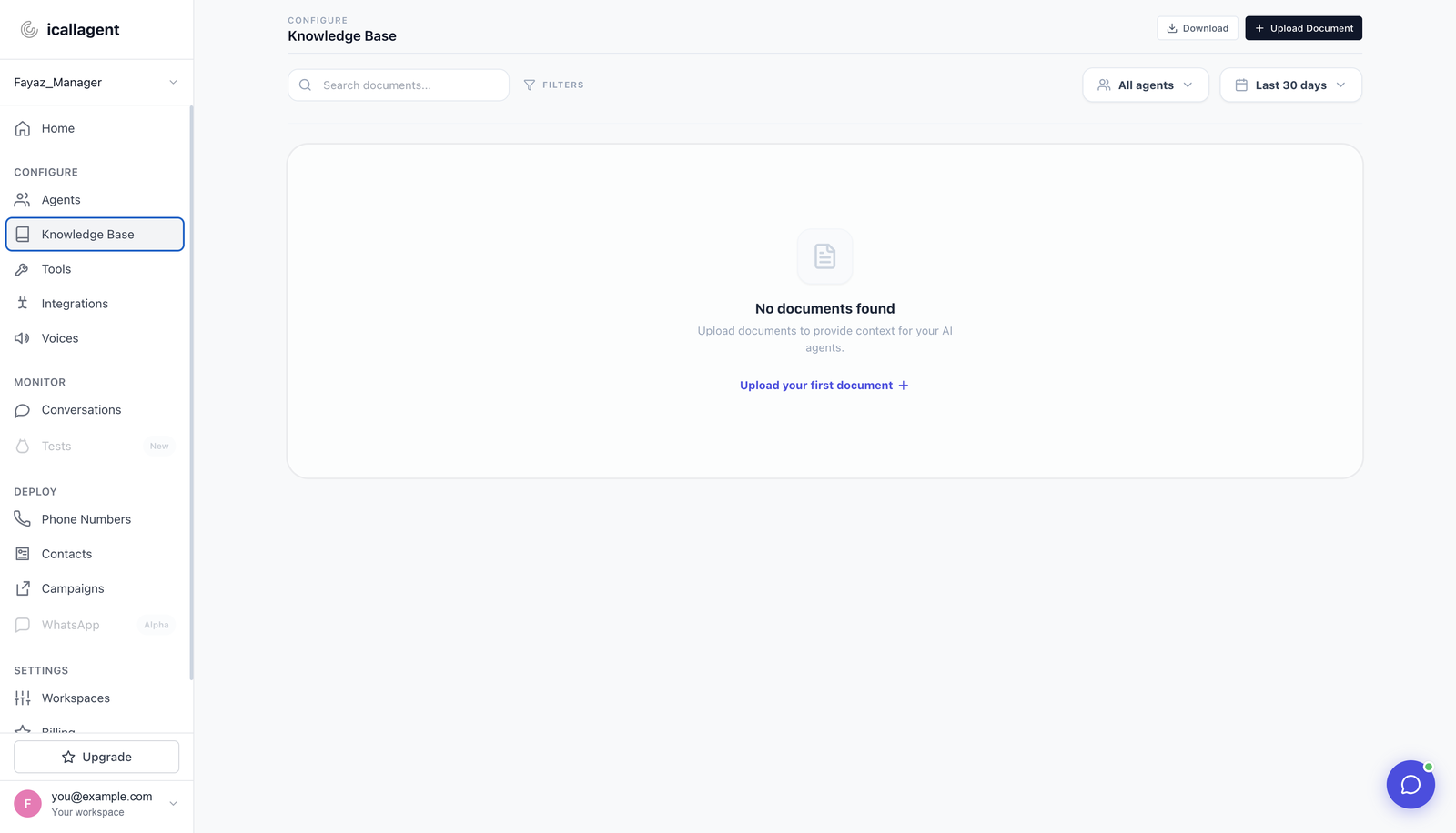 The Knowledge Base page listing documents, with an agent filter and an Upload Document button