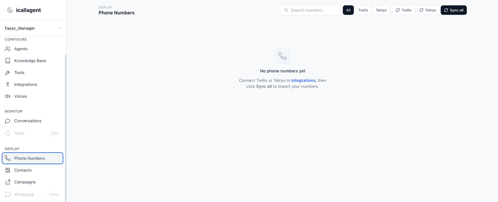 The Phone Numbers page listing provisioned numbers and which agent each routes to, with a Sync all button