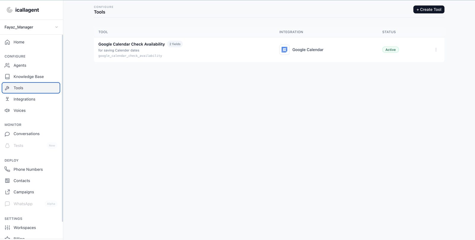 The Tools page showing configured tools and a Create Tool button