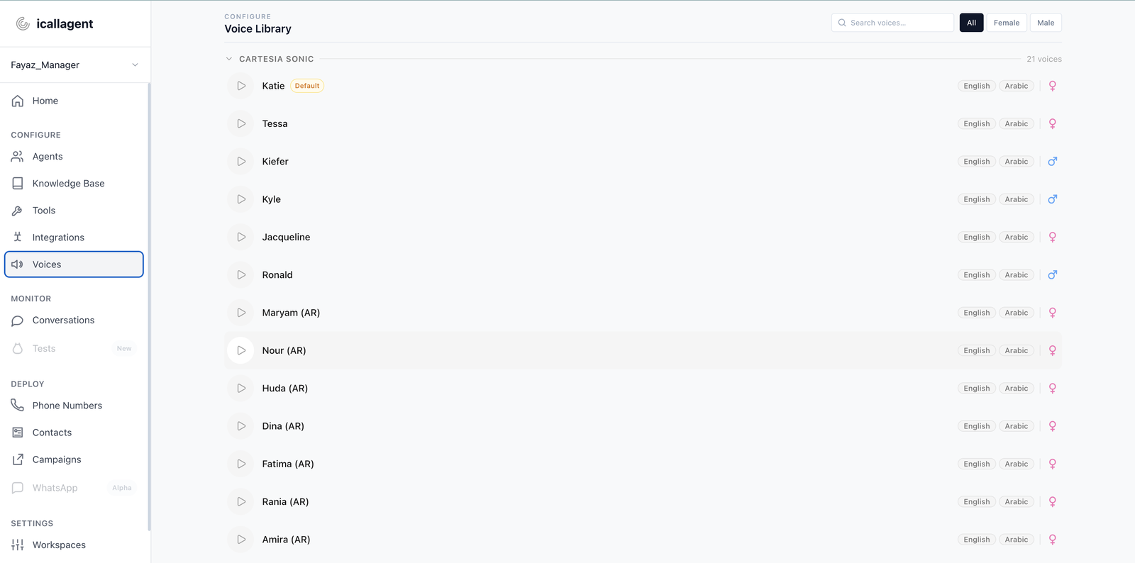 The Voice Library page, with voices grouped by provider and a play control on each