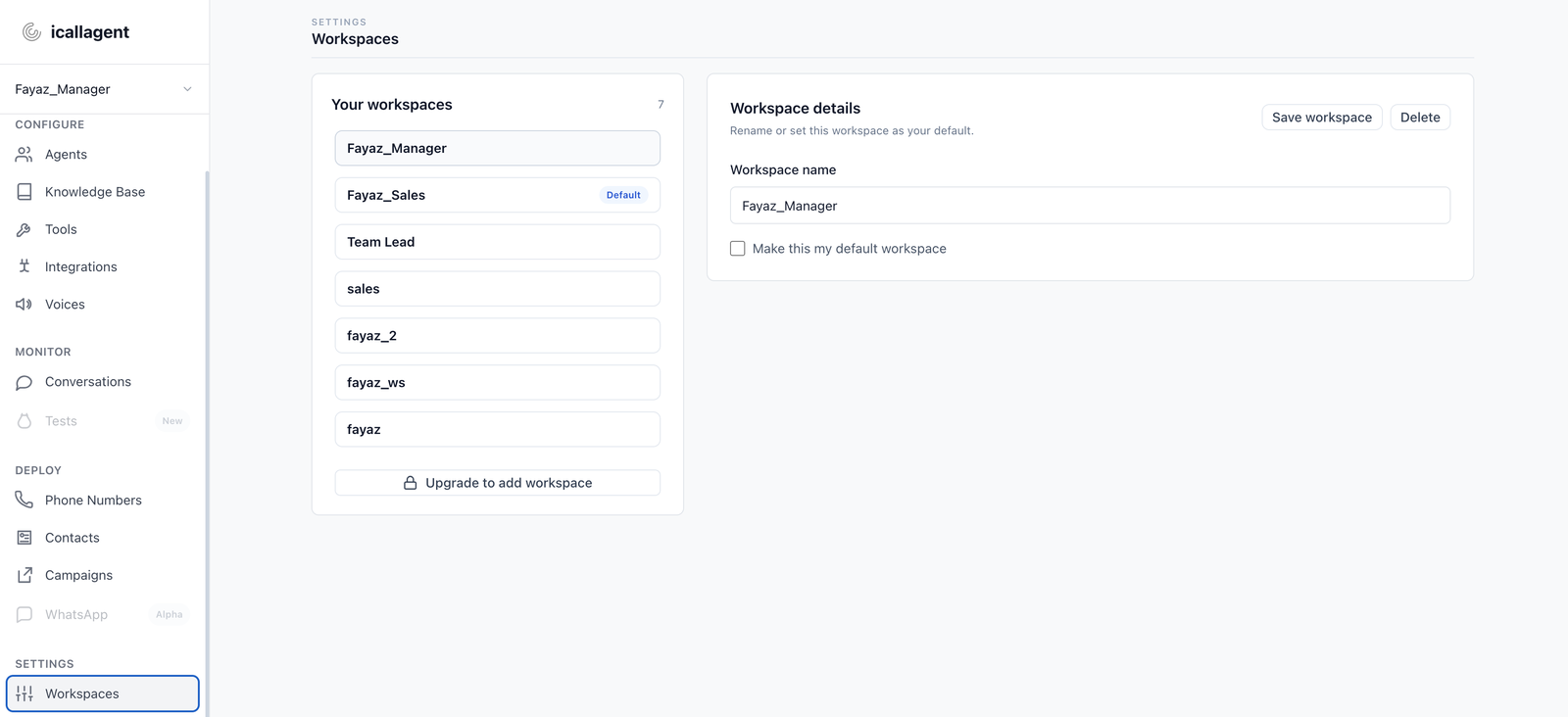 The Workspaces page listing the workspaces you belong to, with rename and delete controls